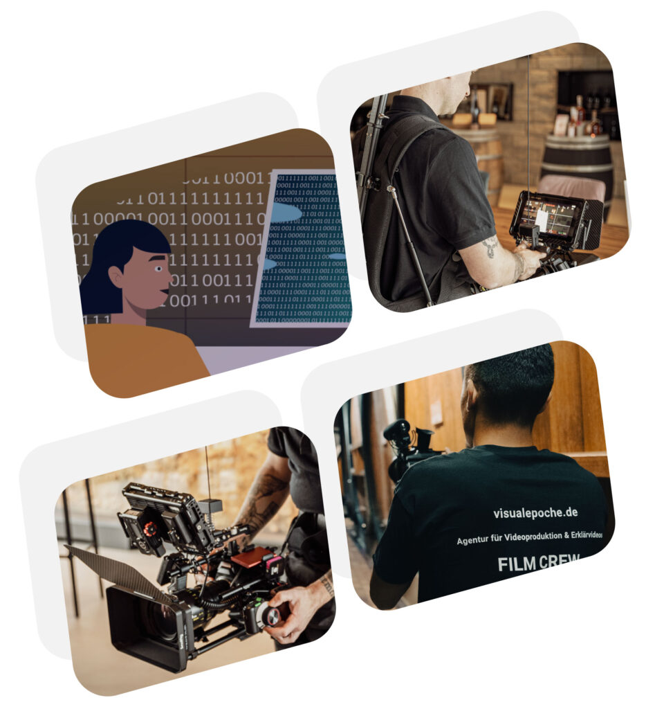 Zusammengestellte Szenen von Kameraarbeit und Filmcrew – professionelle Filmproduktion für Unternehmen