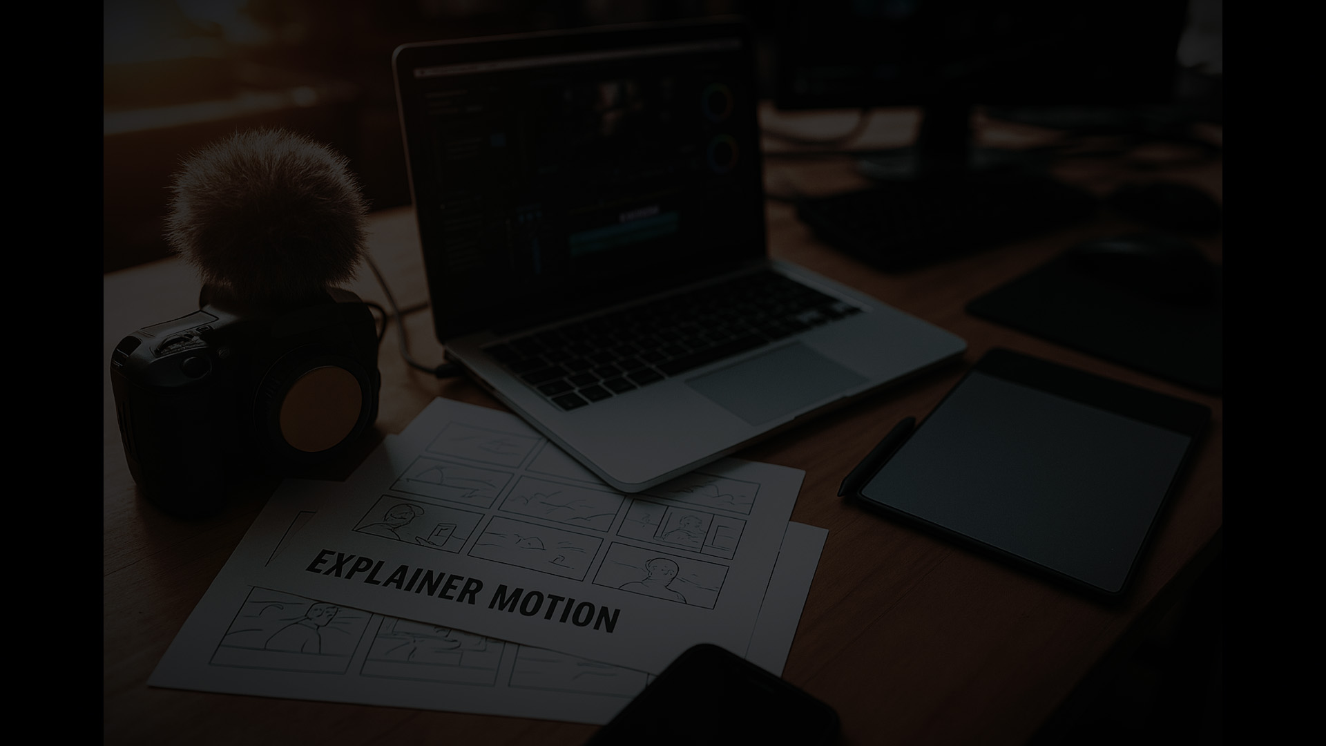 Kreativer Arbeitsplatz mit Storyboard, Kamera und Laptop – Videoagentur für Unternehmen