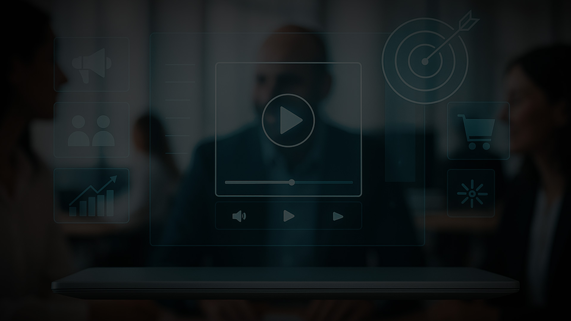 Digitale Videoplayer-Grafik mit Symbolen für Marketing und Zielgruppen – Erklärvideo Produktion